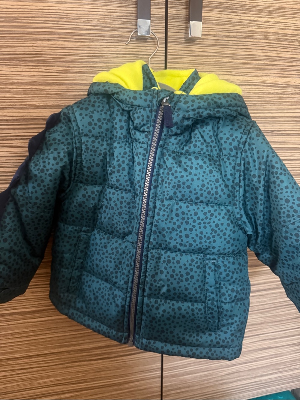 Carter's Dino/ Monster Teal Spot Puffer Jacket with Yellow Hood Lining